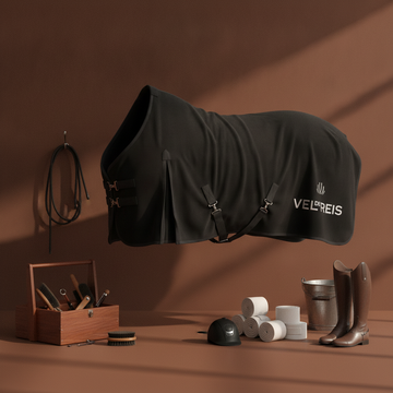 Black horse cooling blanket with Vel de reis branding on a brown background, surrounded by equestrian equipment.