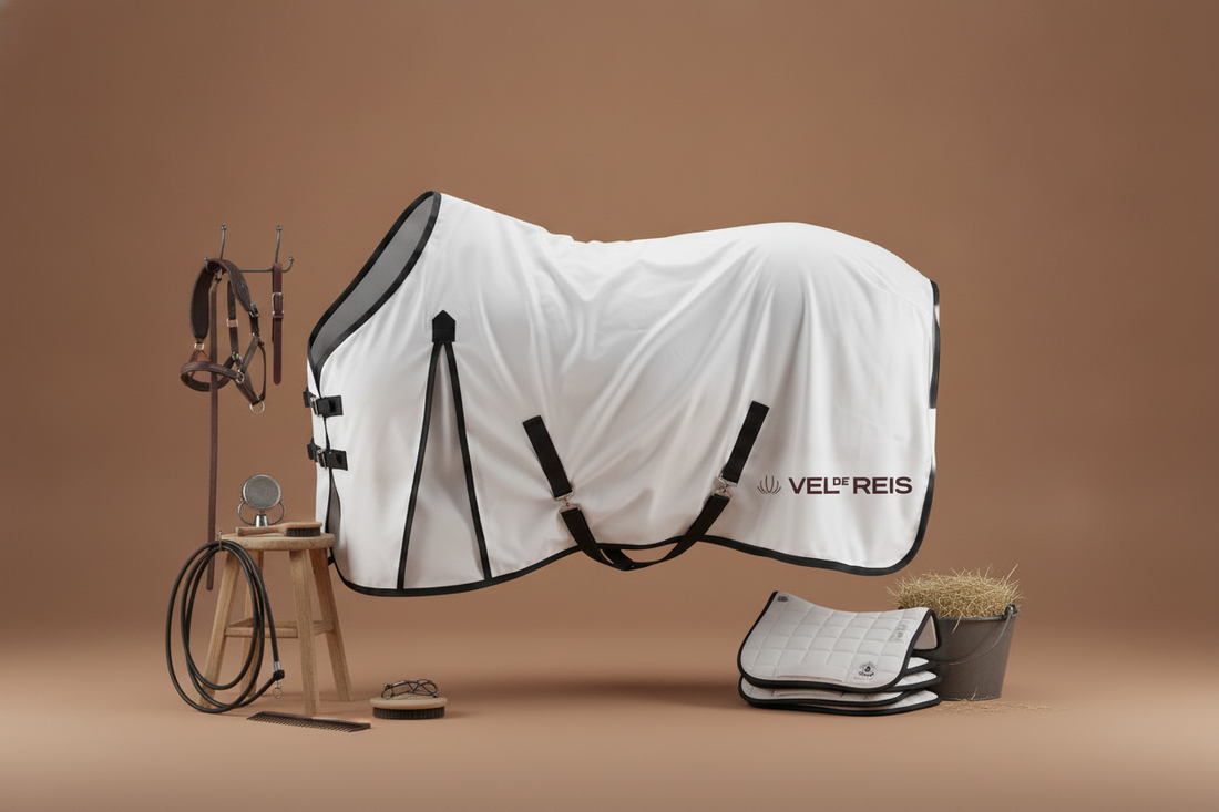 White horse fly blanket with black straps on a brown background, featuring the brand 'VEL DE REIS'.