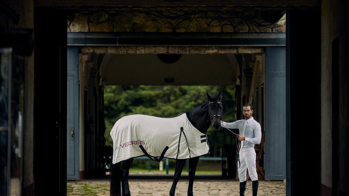 A black horse wearing a white blanket stands in a stable while a man in white riding apparel stands beside it, framed by a dark doorway.