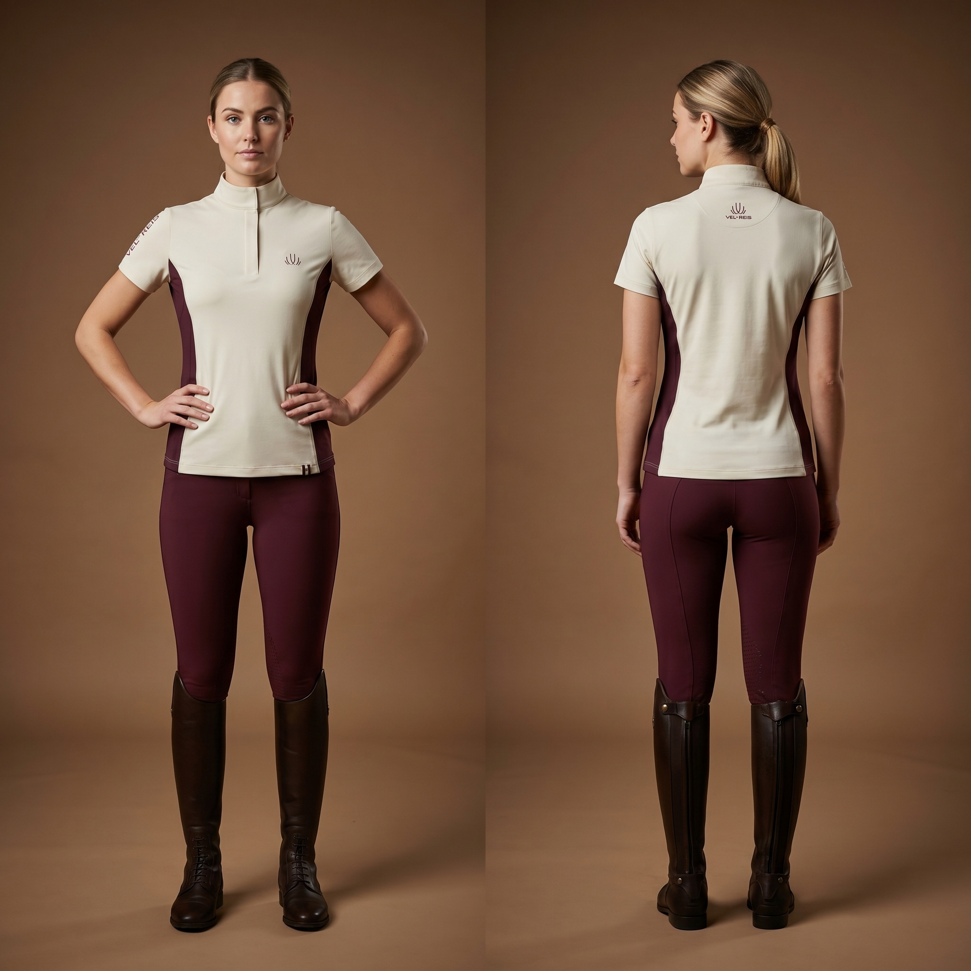 Woman wearing equestrian attire with a brown background