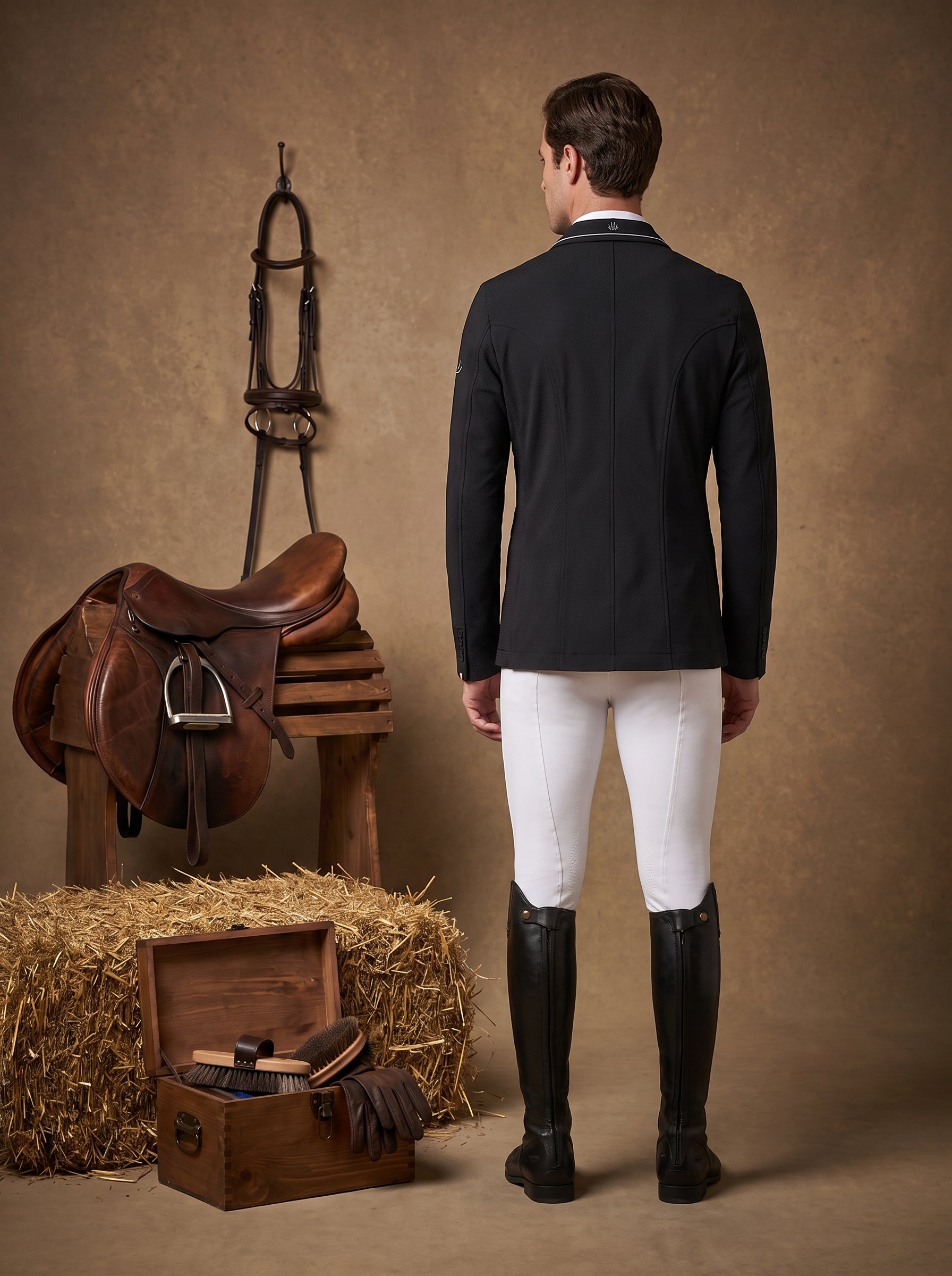 Man in equestrian attire standing next to a saddle and tack box on a brown background