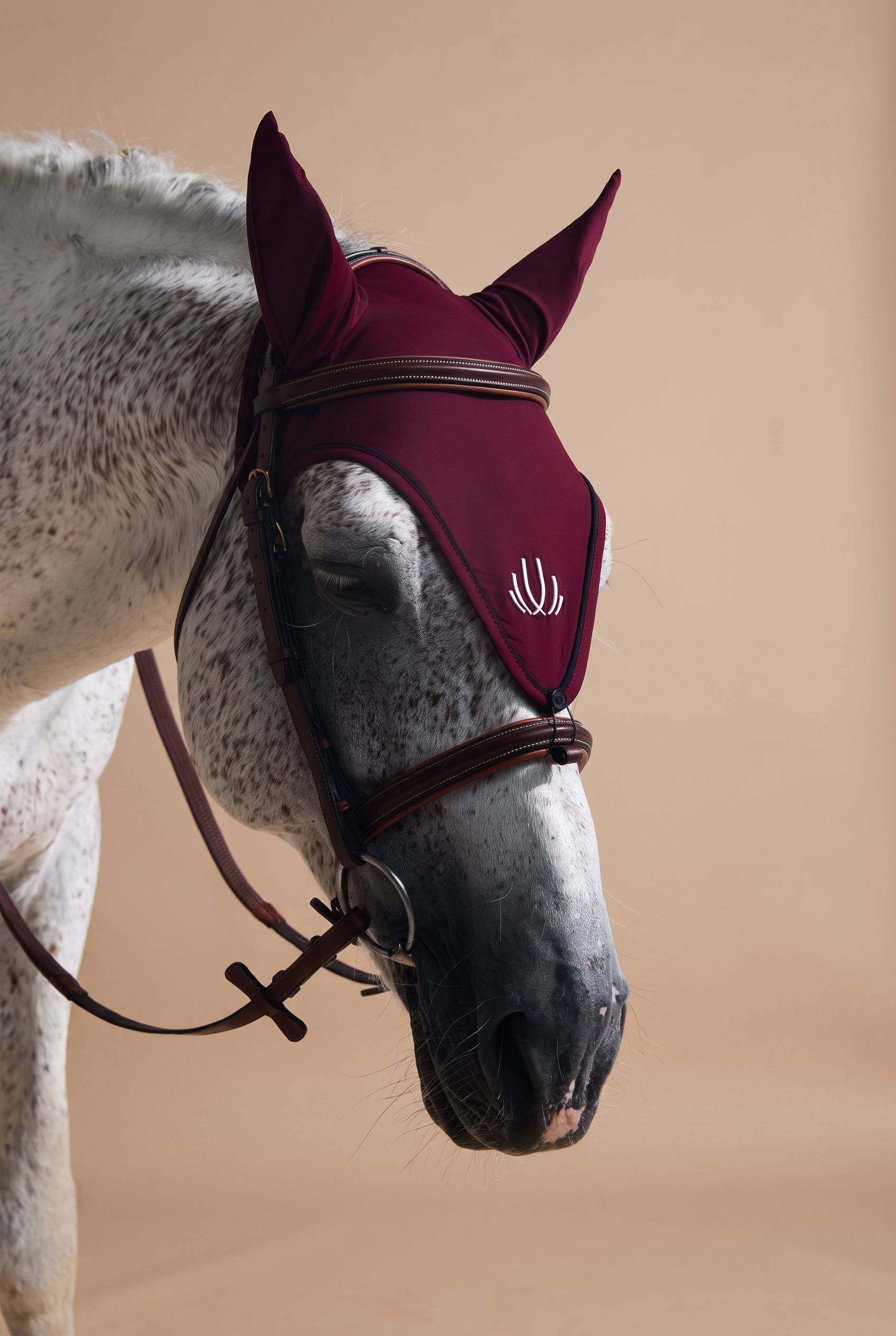 A close-up of a dapple gray horse wearing a burgundy fly veil with ear flaps and dark brown leather bridle straps against a solid beige studio background.