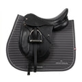 Black leather saddle with Grey saddle pad on a white background, featuring 'Vel de Reis' branding.