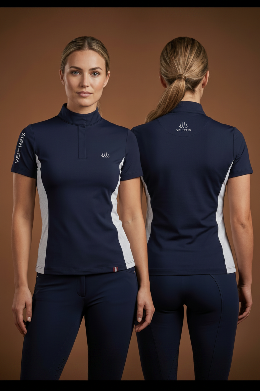 Woman wearing a navy equestrian shirt with white accents, standing against a brown background.