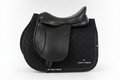 VEL DE REIS Black equestrian saddle pad with stones tape and quilted pattern with VEL DE REIS branding in a white background