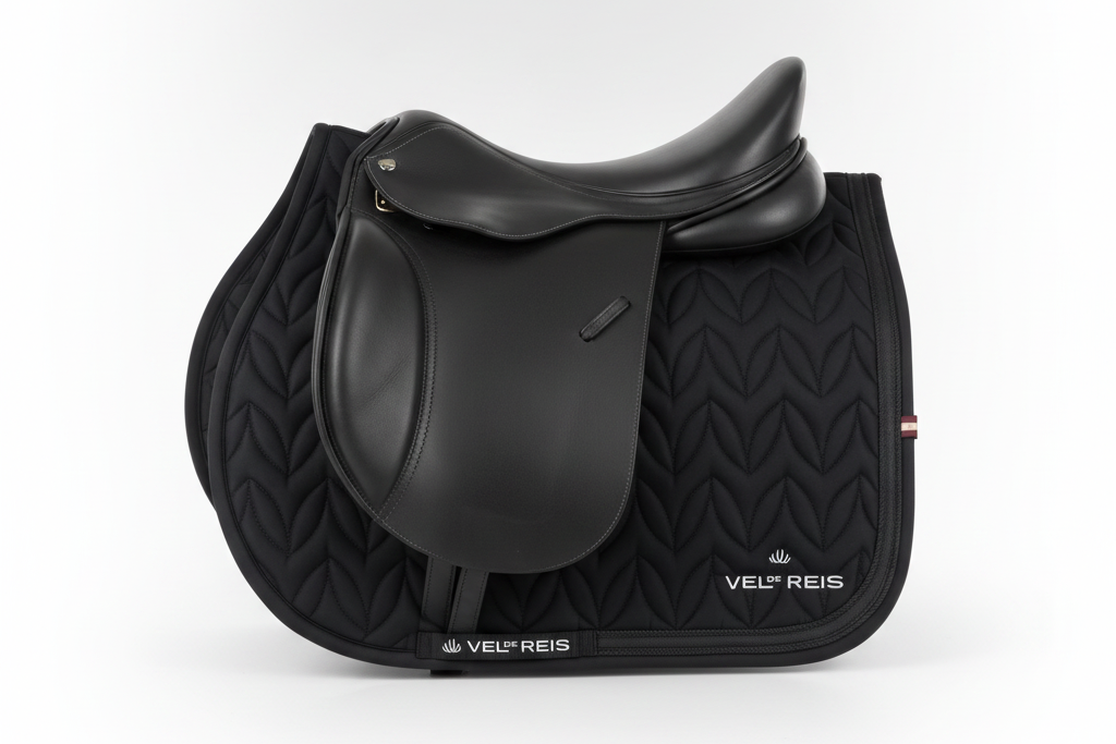 VEL DE REIS Black equestrian saddle pad with stones tape and quilted pattern with VEL DE REIS branding in a white background