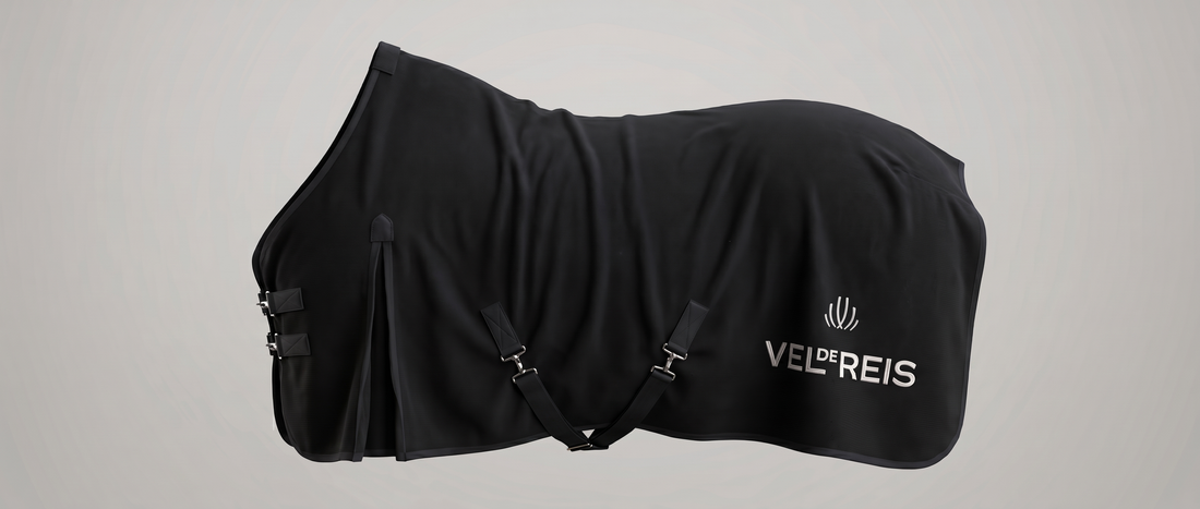 Black horse cooling blanket with Vel de reis branding on a brown background, surrounded by equestrian equipment.