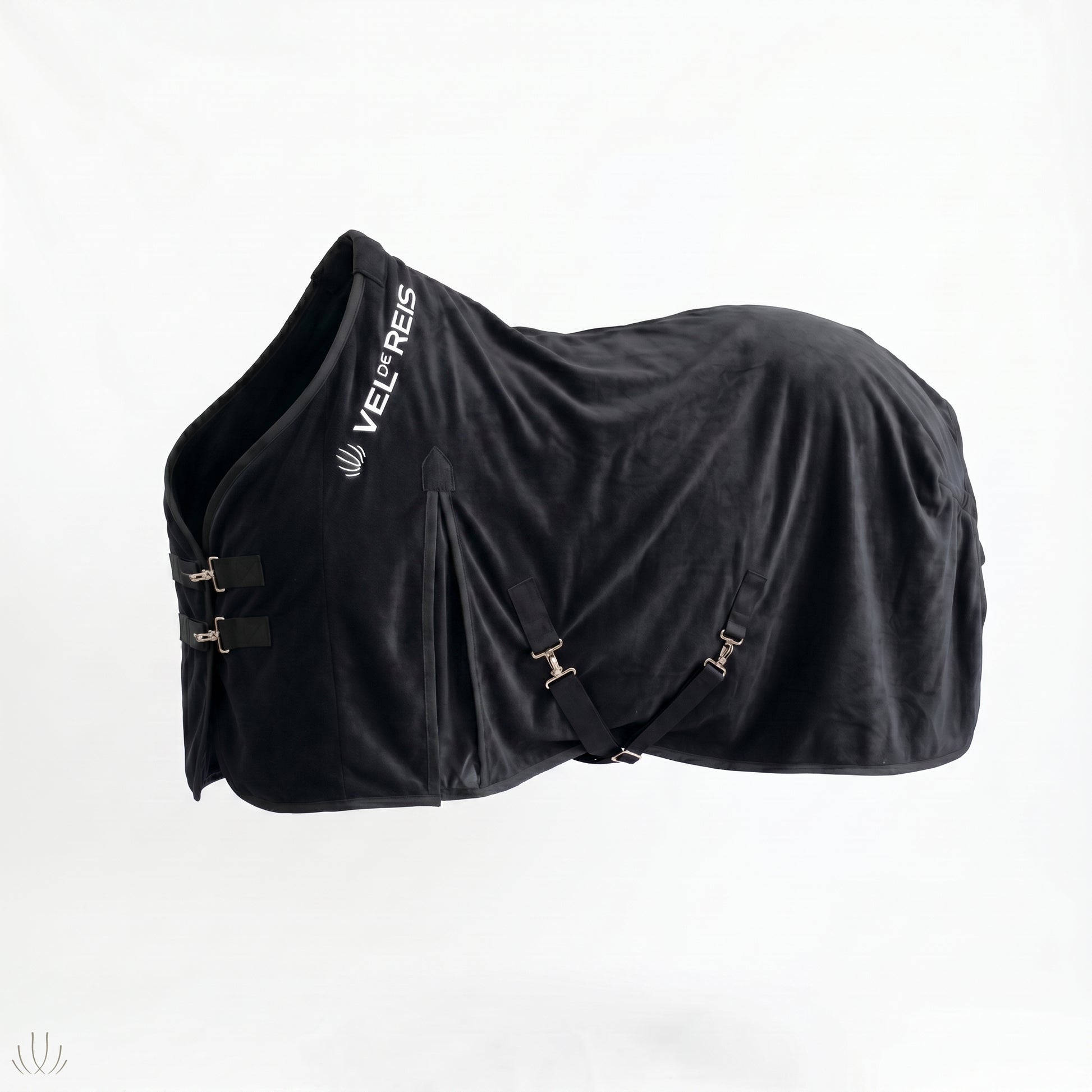 Black horse blanket with vel de reis branding on a white background